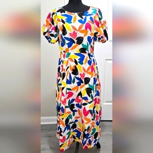 NWOT Calvin Klein Women's Colorful Puff Sleeve Midi Dress